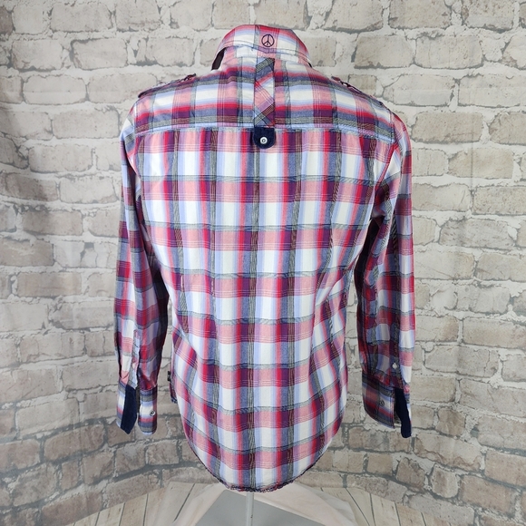 John Lennon for English Laundry Plaid Button Front Shirt Red Blue Size Large - Picture 9 of 14